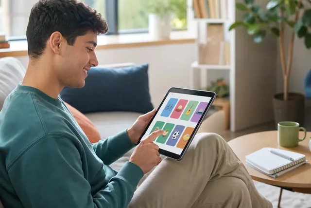 Learner playing HablaYa vocabulary games on a tablet