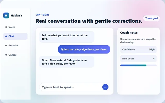 HablaYa chat mode with AI corrections and coach notes