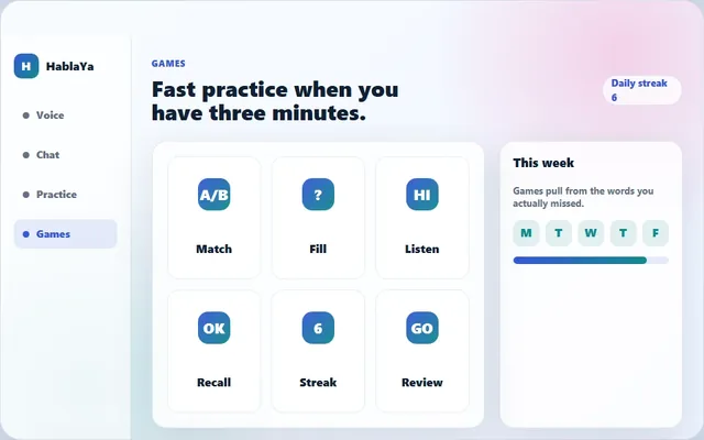 HablaYa games view with vocabulary practice tiles