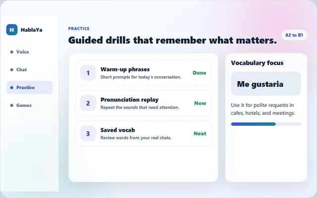 HablaYa practice view with guided drills and vocabulary focus