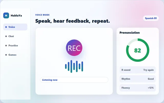 HablaYa voice mode with waveform and pronunciation score